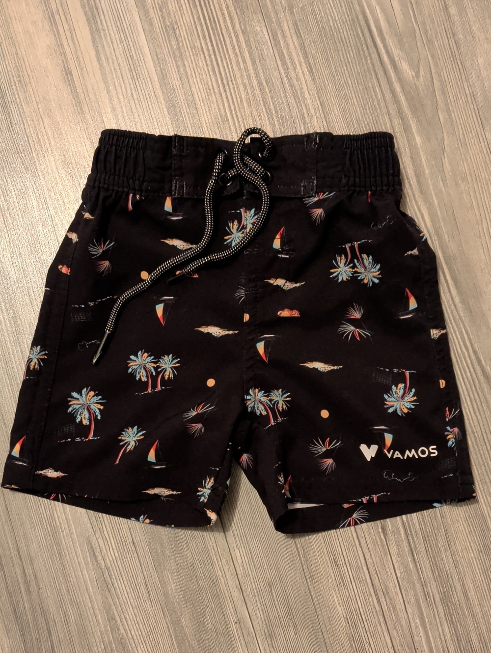 VAMOS Black Tropical Palm & Sailboat Kids Swim Shorts